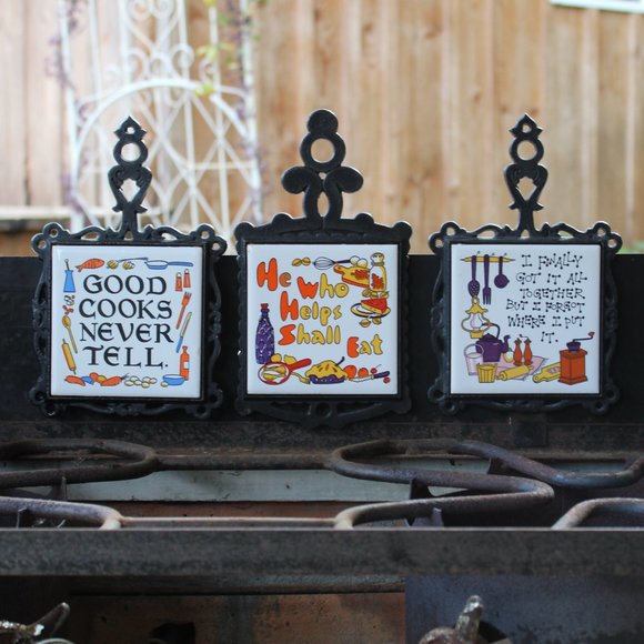 Vintage Cast Iron Ceramic Kitchen Trivets – Set of 3 –Arco 1970s Funny Sayings - Picture 1 of 16
